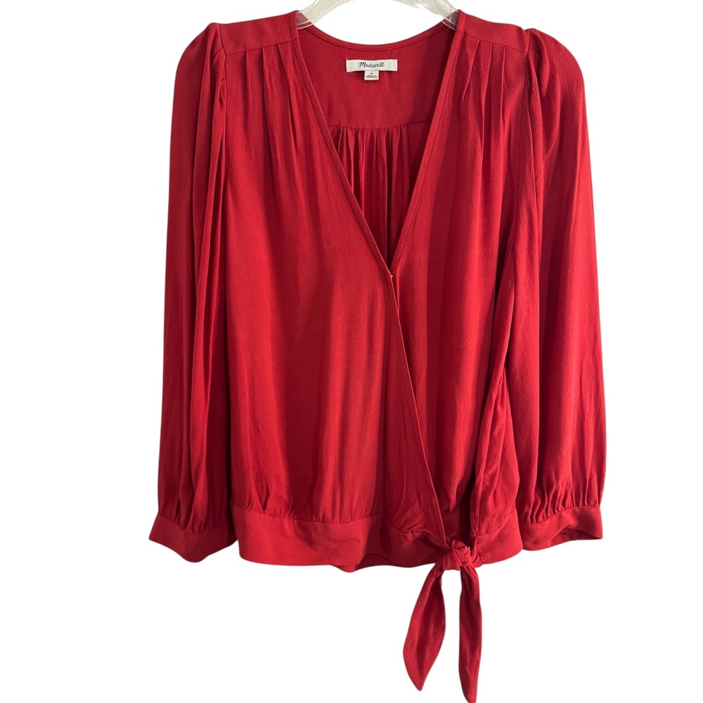 Madewell Red Viscose Wrap Tie Front Long‎ Sleeve V Neck Blouse Top Womens Medium